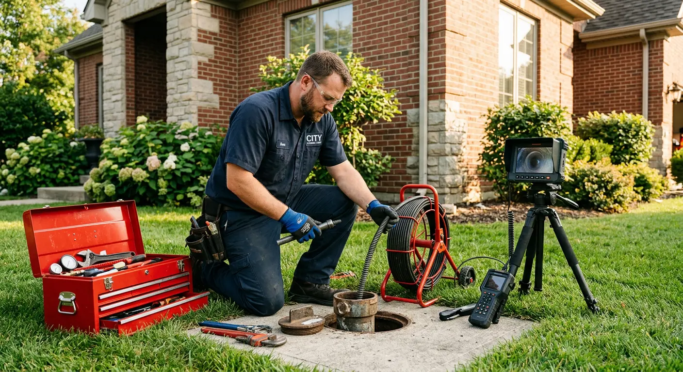 Sewer specialist with camera equipment servicing a cleanout in Waupun