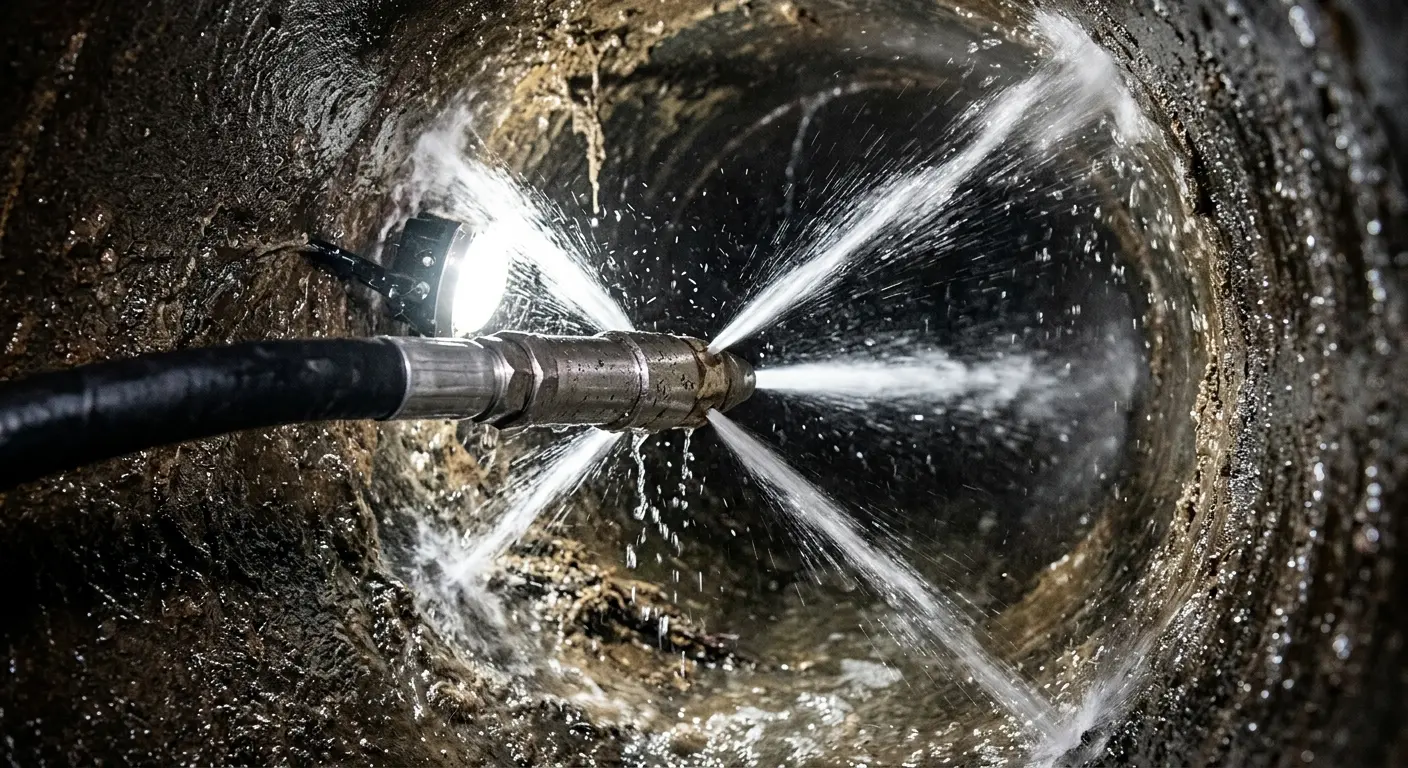 High-pressure hydro jetting nozzle cleaning sewer pipe for Sewer Cleanout in Waupun
