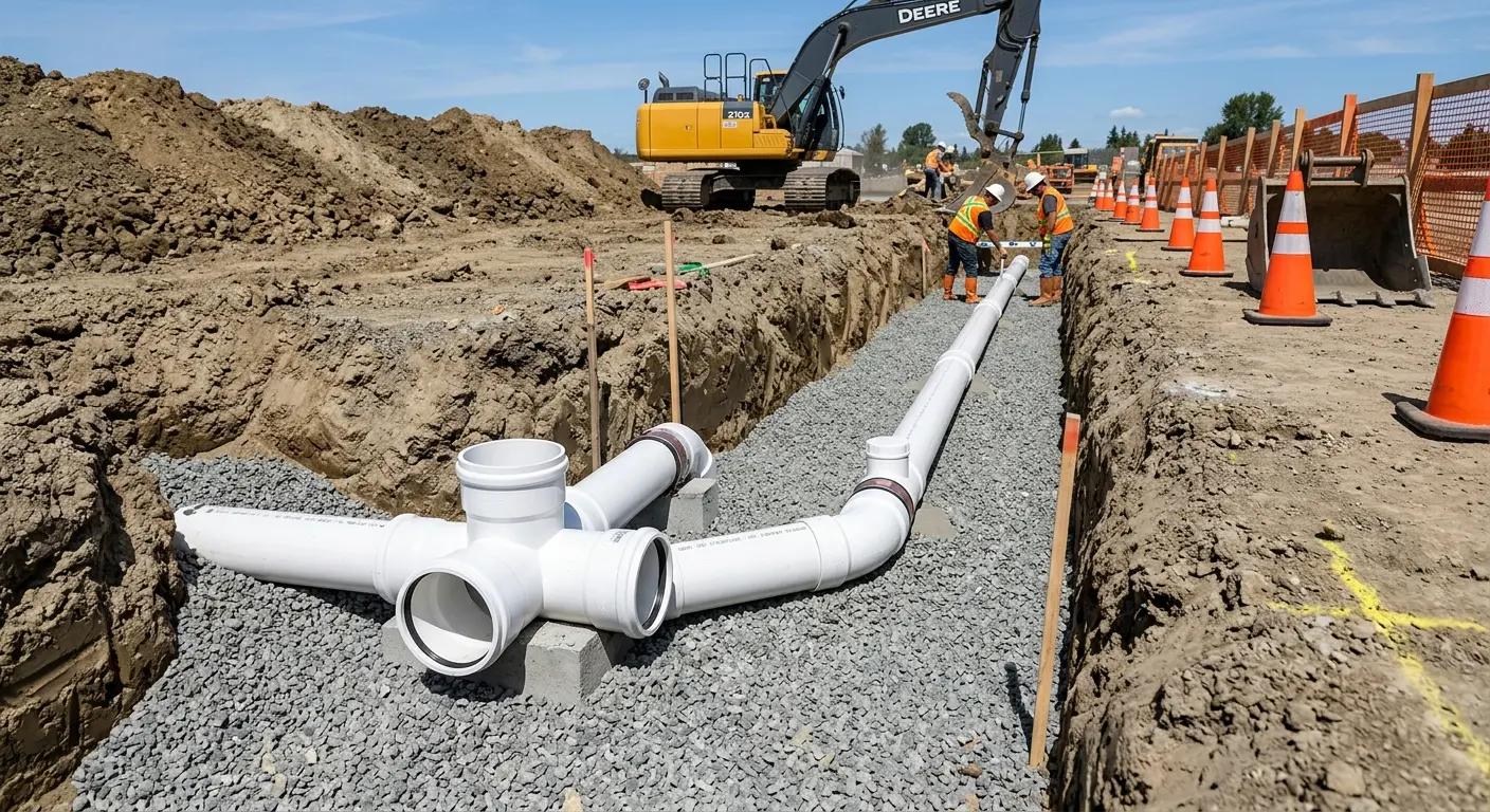 New PVC sewer pipe installation in open trench for Sewer Camera Inspection in Waupun