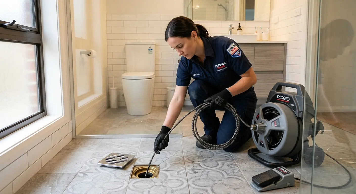 Technician clearing a bathroom floor drain for Sewer Line Replacement in Waupun